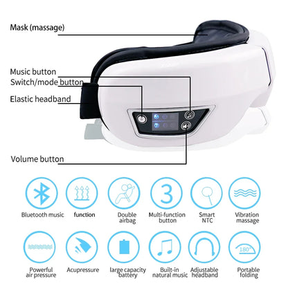 Rechargeable Heated Eye Massager with Vibration & Bluetooth Music – Eye Strain Relief, Dark Circles, Puffiness & Sleep Aid – Foldable Portable Eye Therapy Mask
